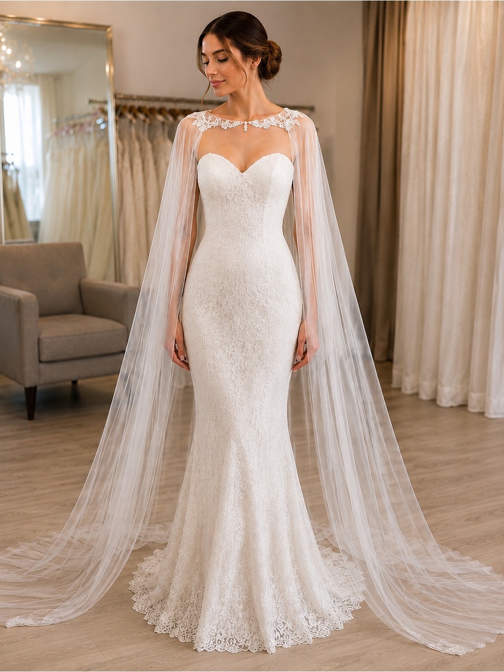 Cathedral Length Bridal Cape | Beaded Lace Shoulder Cape